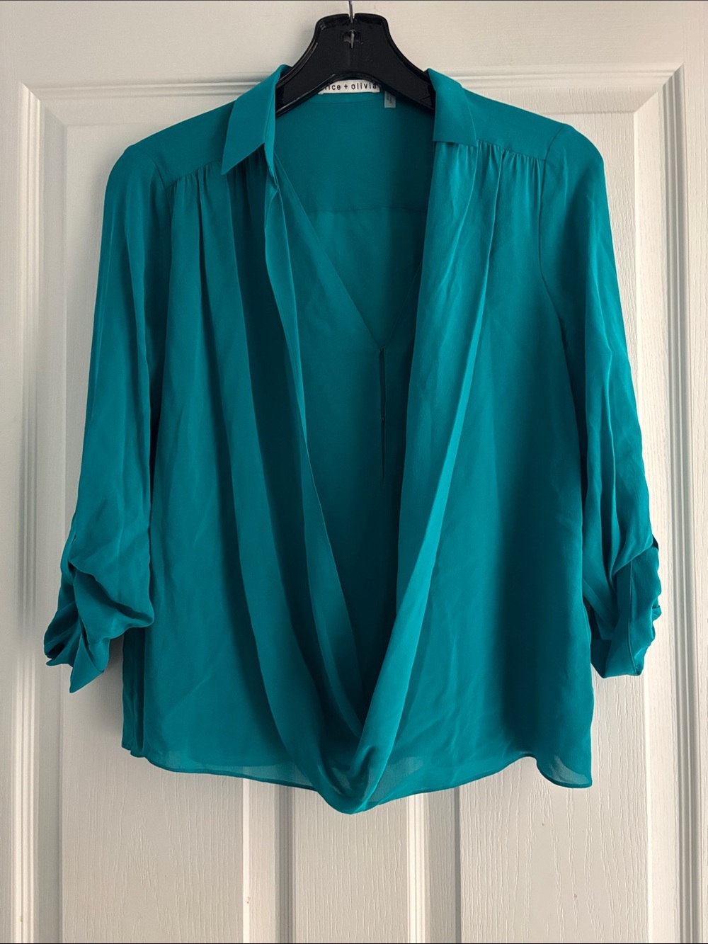 Alice + Olivia Lalita Silk Teal Draped Front Blouse Sz S